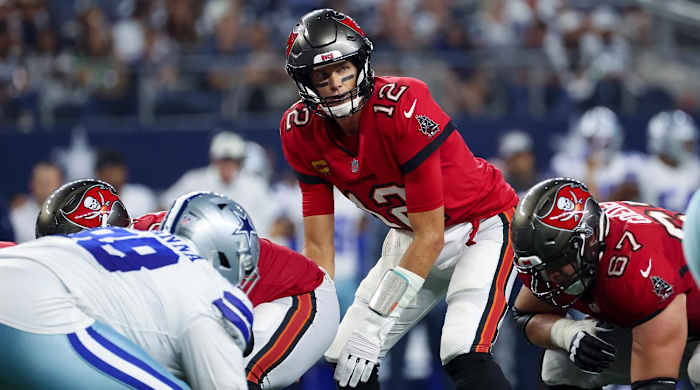 Sep 11, 2022; Arlington, Texas, USA; Tampa Bay Buccaneers quarterback Tom Brady (12) in action during the game against the Dallas Cowboys at AT&T Stadium.